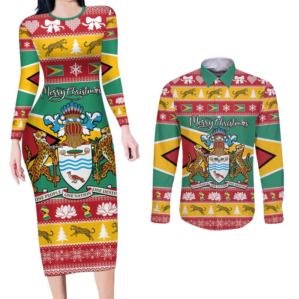 Guyana Christmas Couples Matching Long Sleeve Bodycon Dress and Long Sleeve Button Shirt Coat Of Arms with Flag Style - Wonder Print Shop