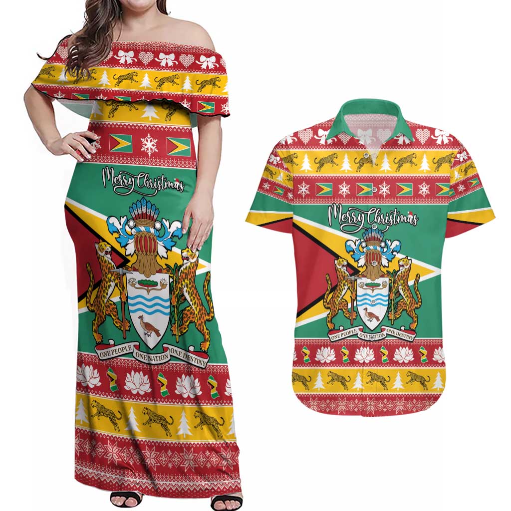 Guyana Christmas Couples Matching Off Shoulder Maxi Dress and Hawaiian Shirt Coat Of Arms with Flag Style - Wonder Print Shop