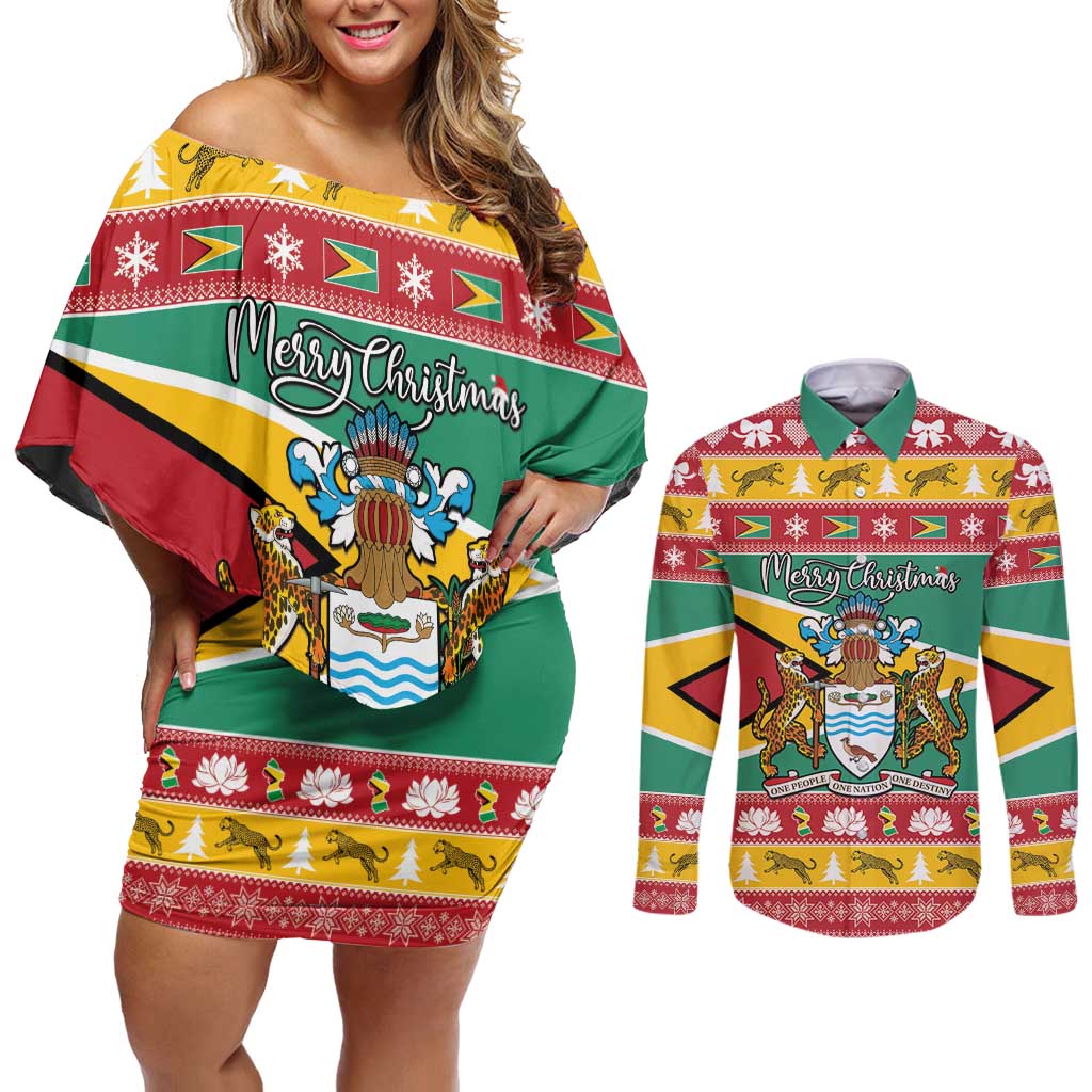 Guyana Christmas Couples Matching Off Shoulder Short Dress and Long Sleeve Button Shirt Coat Of Arms with Flag Style - Wonder Print Shop