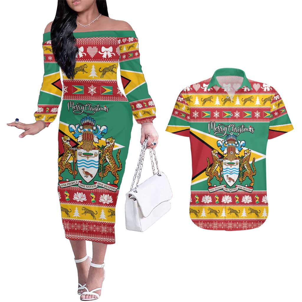 Guyana Christmas Couples Matching Off The Shoulder Long Sleeve Dress and Hawaiian Shirt Coat Of Arms with Flag Style - Wonder Print Shop