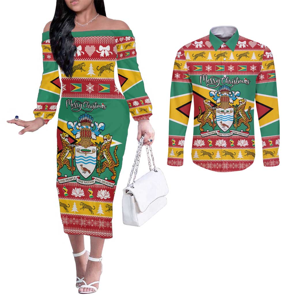 Guyana Christmas Couples Matching Off The Shoulder Long Sleeve Dress and Long Sleeve Button Shirt Coat Of Arms with Flag Style