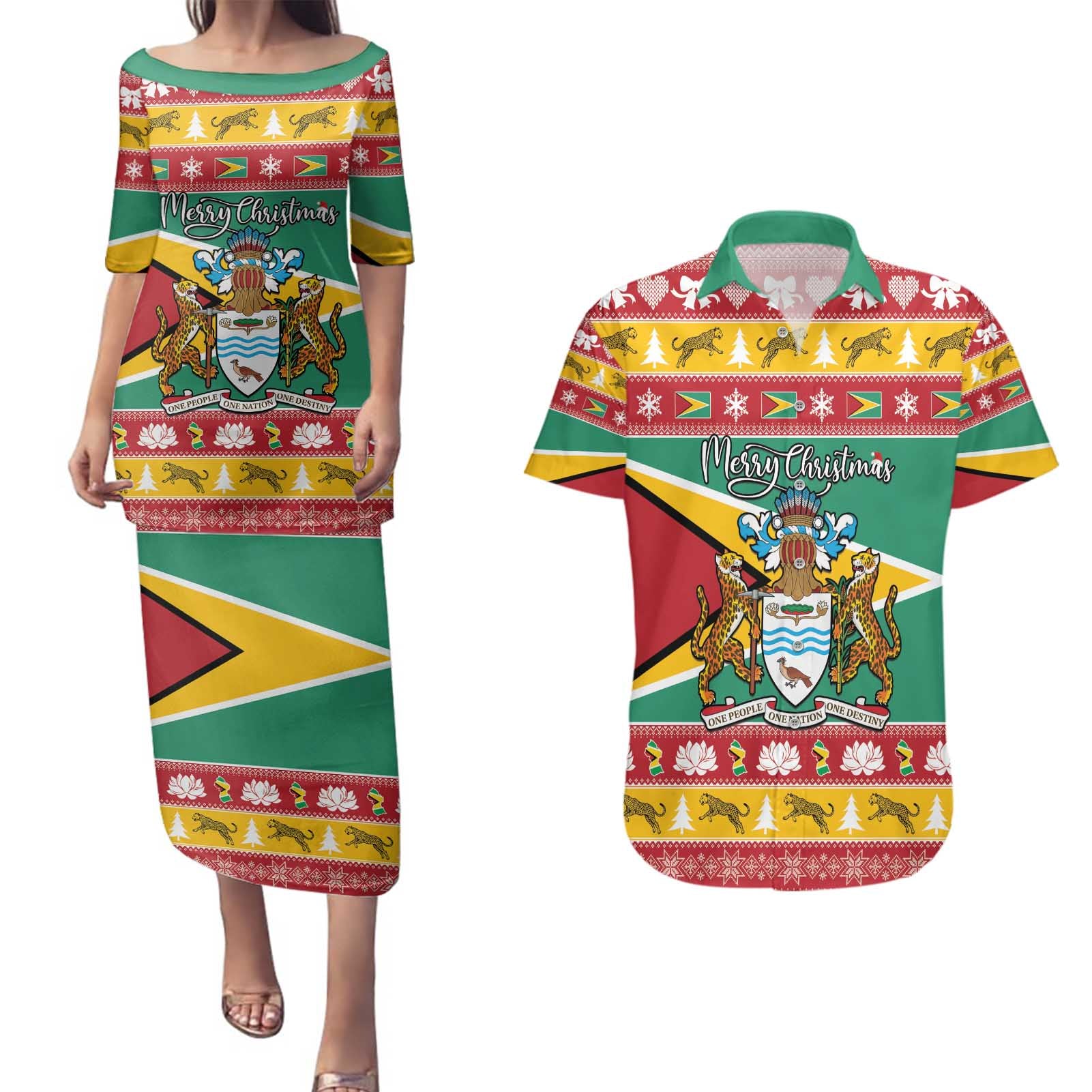 Guyana Christmas Couples Matching Puletasi and Hawaiian Shirt Coat Of Arms with Flag Style - Wonder Print Shop