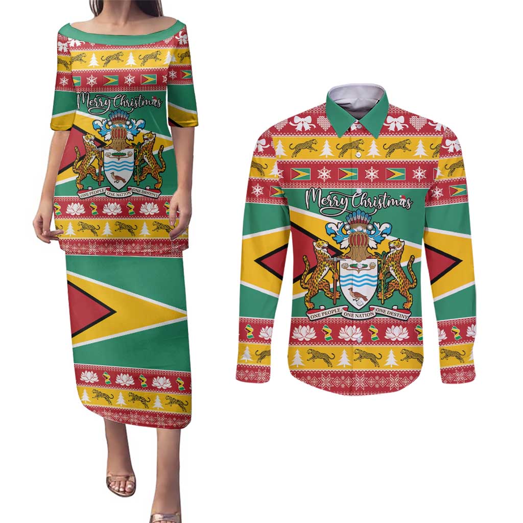 Guyana Christmas Couples Matching Puletasi and Long Sleeve Button Shirt Coat Of Arms with Flag Style - Wonder Print Shop