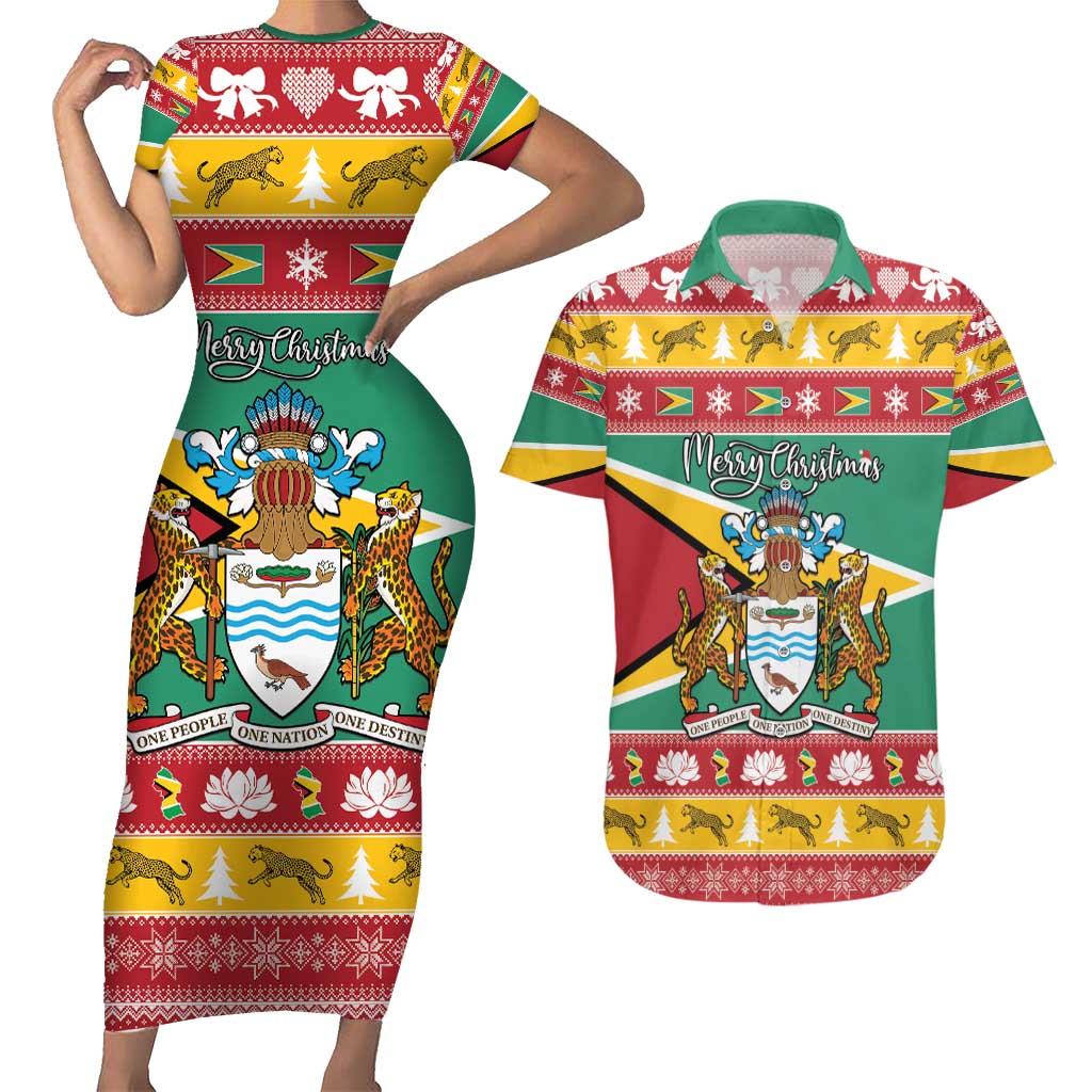 Guyana Christmas Couples Matching Short Sleeve Bodycon Dress and Hawaiian Shirt Coat Of Arms with Flag Style - Wonder Print Shop