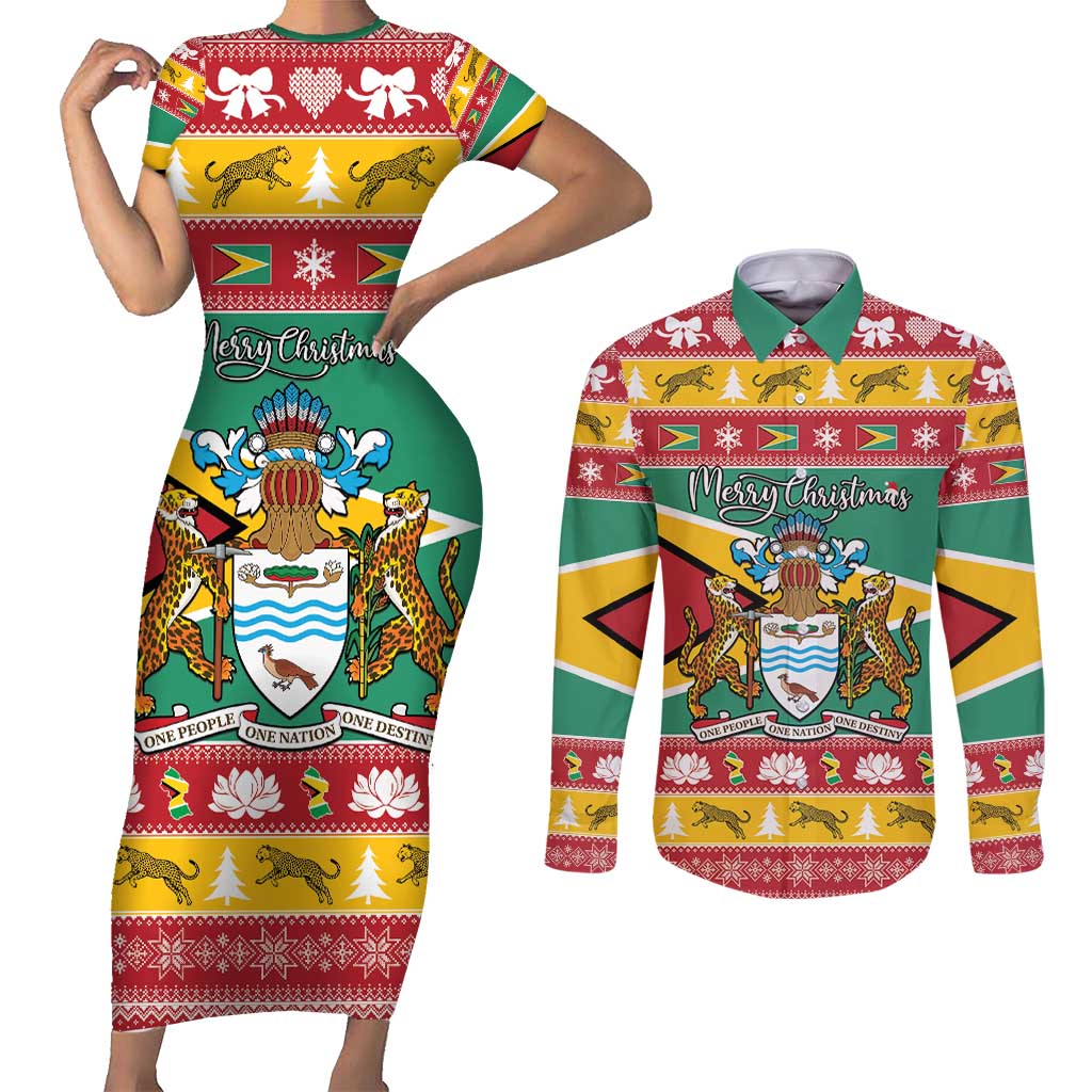 Guyana Christmas Couples Matching Short Sleeve Bodycon Dress and Long Sleeve Button Shirt Coat Of Arms with Flag Style - Wonder Print Shop