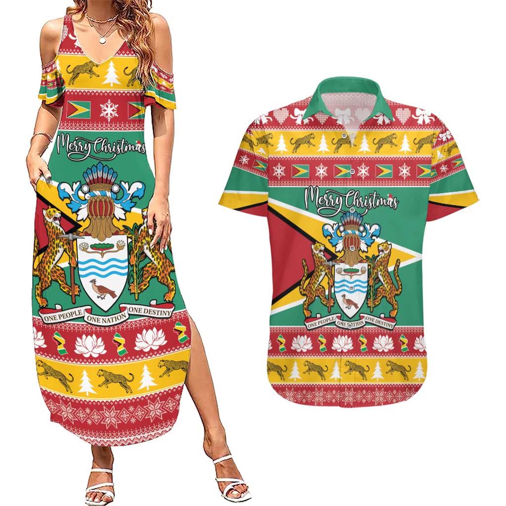 Guyana Christmas Couples Matching Summer Maxi Dress and Hawaiian Shirt Coat Of Arms with Flag Style - Wonder Print Shop