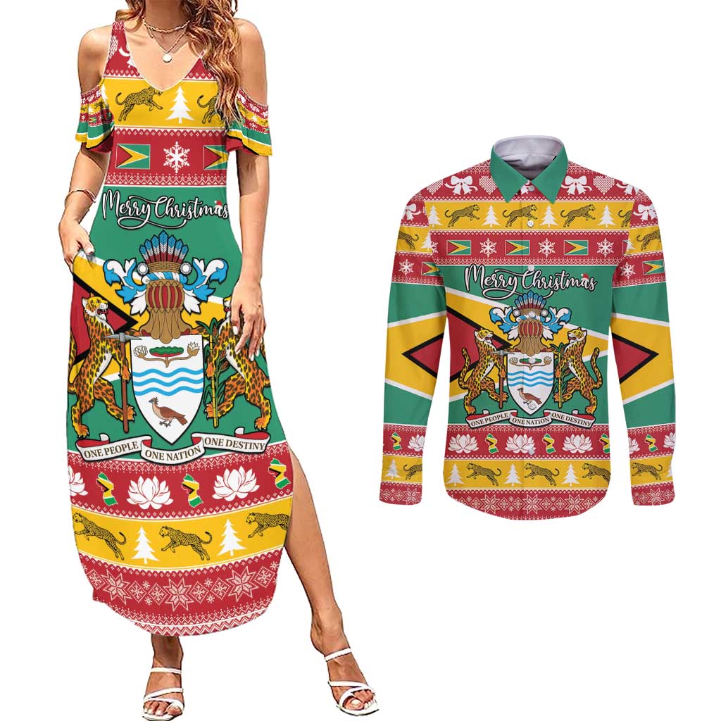 Guyana Christmas Couples Matching Summer Maxi Dress and Long Sleeve Button Shirt Coat Of Arms with Flag Style - Wonder Print Shop