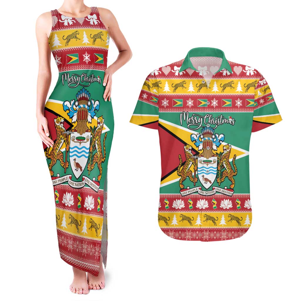 Guyana Christmas Couples Matching Tank Maxi Dress and Hawaiian Shirt Coat Of Arms with Flag Style - Wonder Print Shop