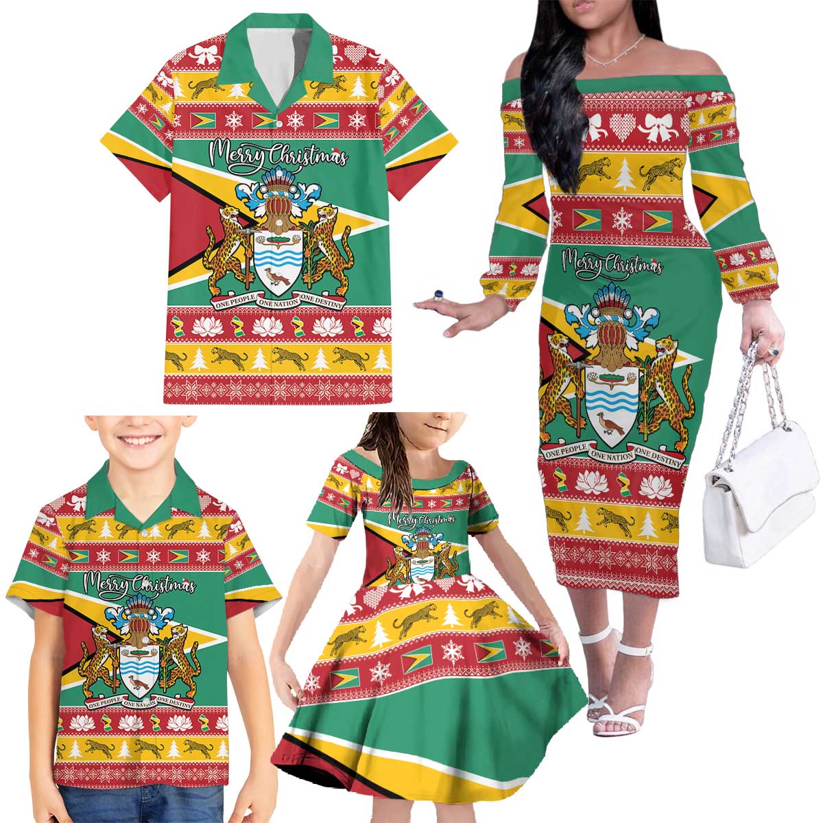 Guyana Christmas Family Matching Off The Shoulder Long Sleeve Dress and Hawaiian Shirt Coat Of Arms with Flag Style - Wonder Print Shop