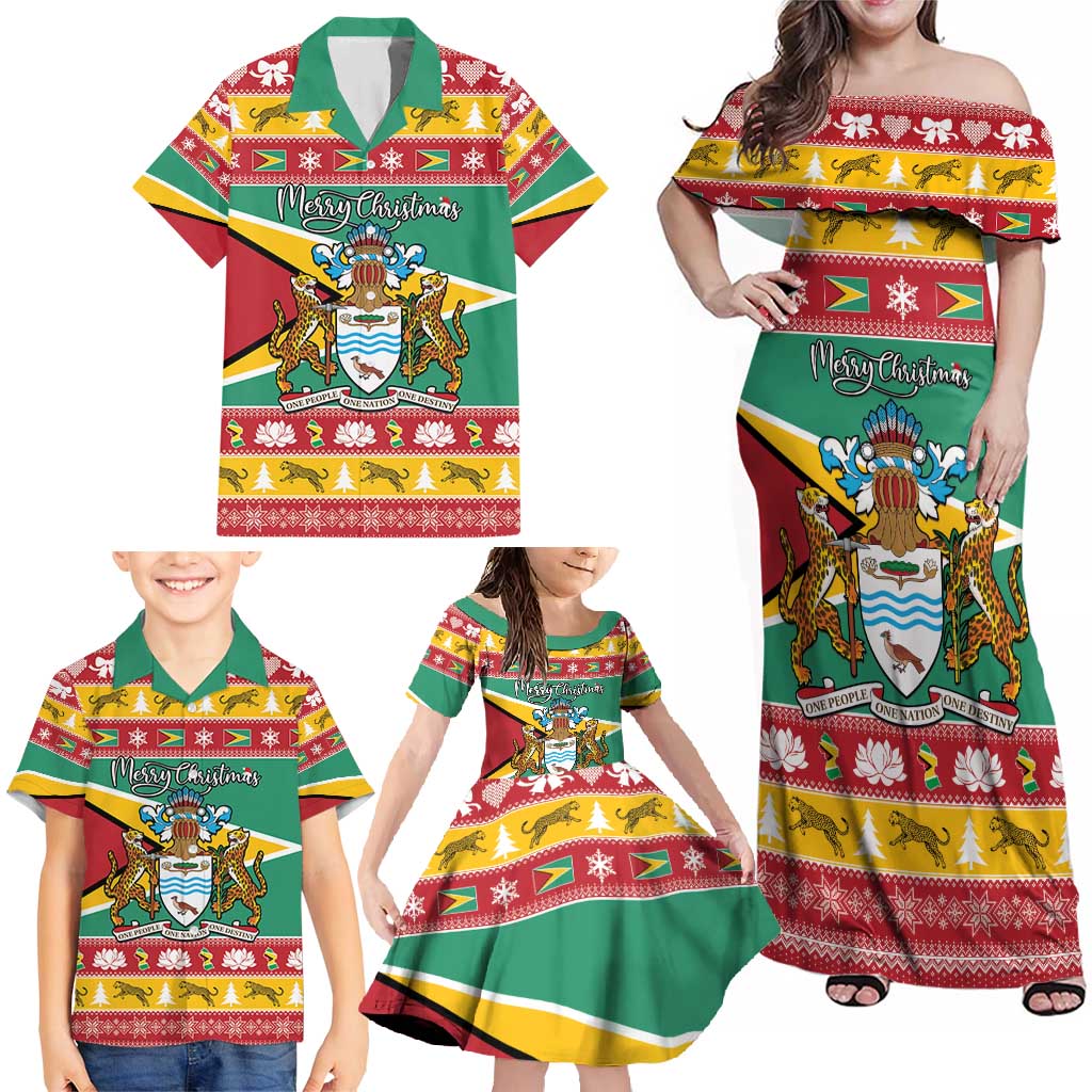 Guyana Christmas Family Matching Off Shoulder Maxi Dress and Hawaiian Shirt Coat Of Arms with Flag Style - Wonder Print Shop