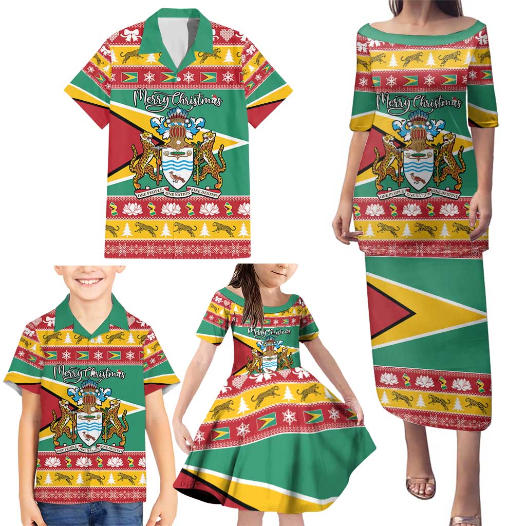 Guyana Christmas Family Matching Puletasi and Hawaiian Shirt Coat Of Arms with Flag Style - Wonder Print Shop