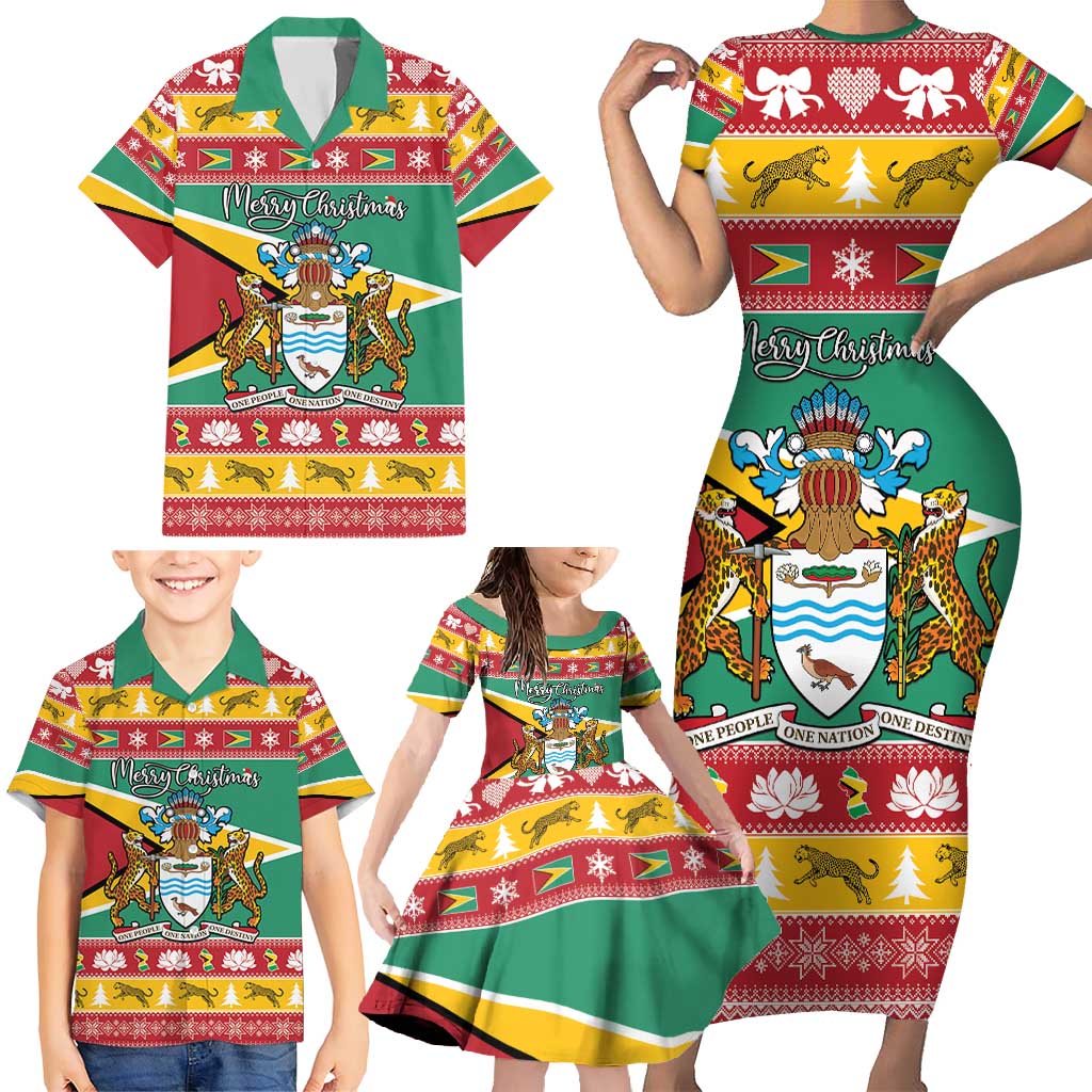 Guyana Christmas Family Matching Short Sleeve Bodycon Dress and Hawaiian Shirt Coat Of Arms with Flag Style - Wonder Print Shop