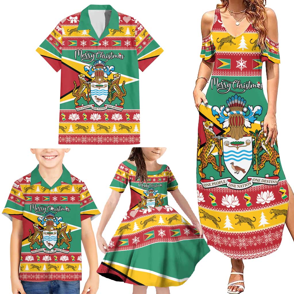 Guyana Christmas Family Matching Summer Maxi Dress and Hawaiian Shirt Coat Of Arms with Flag Style - Wonder Print Shop