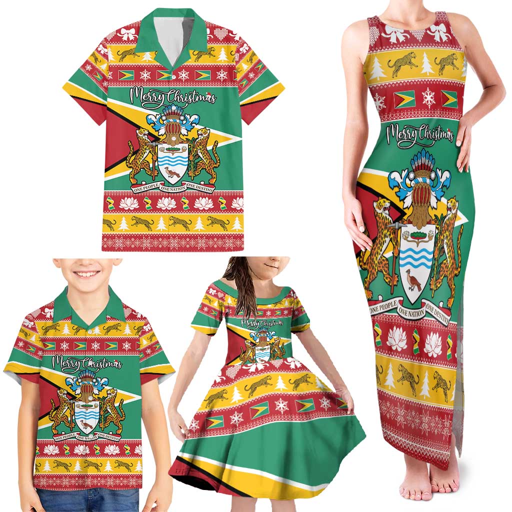 Guyana Christmas Family Matching Tank Maxi Dress and Hawaiian Shirt Coat Of Arms with Flag Style - Wonder Print Shop