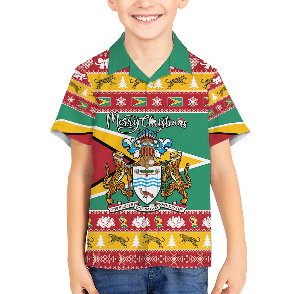 Guyana Christmas Kid Hawaiian Shirt Coat Of Arms with Flag Style - Wonder Print Shop