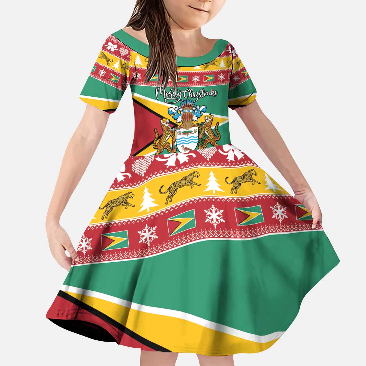 Guyana Christmas Kid Short Sleeve Dress Coat Of Arms with Flag Style - Wonder Print Shop