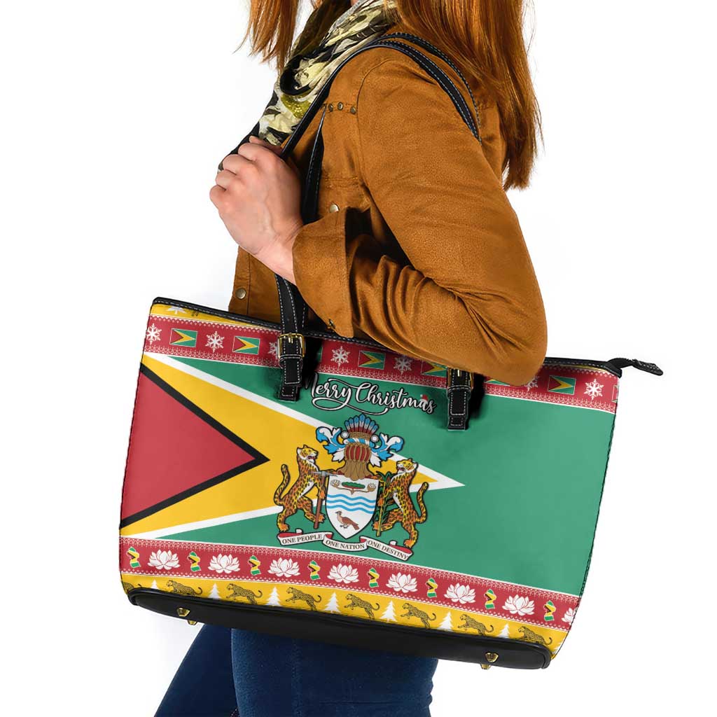 Guyana Christmas Leather Tote Bag Coat Of Arms with Flag Style - Wonder Print Shop