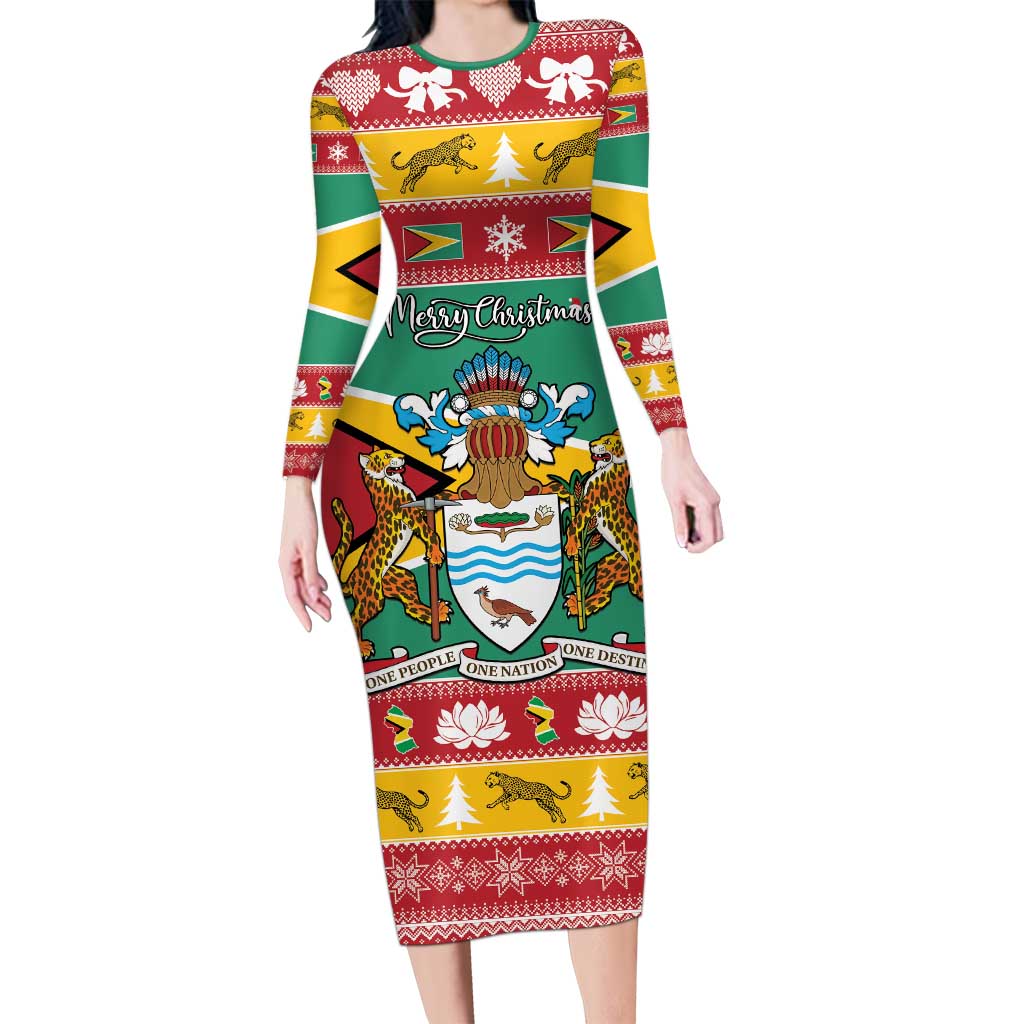 Guyana Christmas Long Sleeve Bodycon Dress Coat Of Arms with Flag Style - Wonder Print Shop