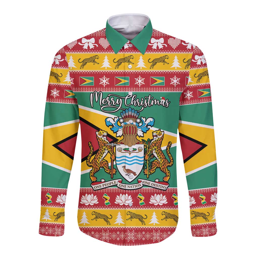 Guyana Christmas Long Sleeve Button Shirt Coat Of Arms with Flag Style - Wonder Print Shop