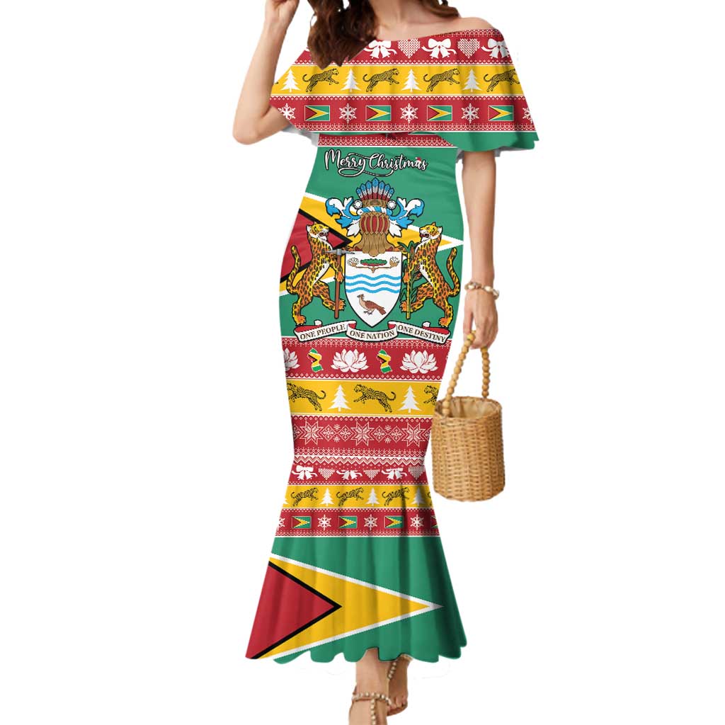 Guyana Christmas Mermaid Dress Coat Of Arms with Flag Style - Wonder Print Shop