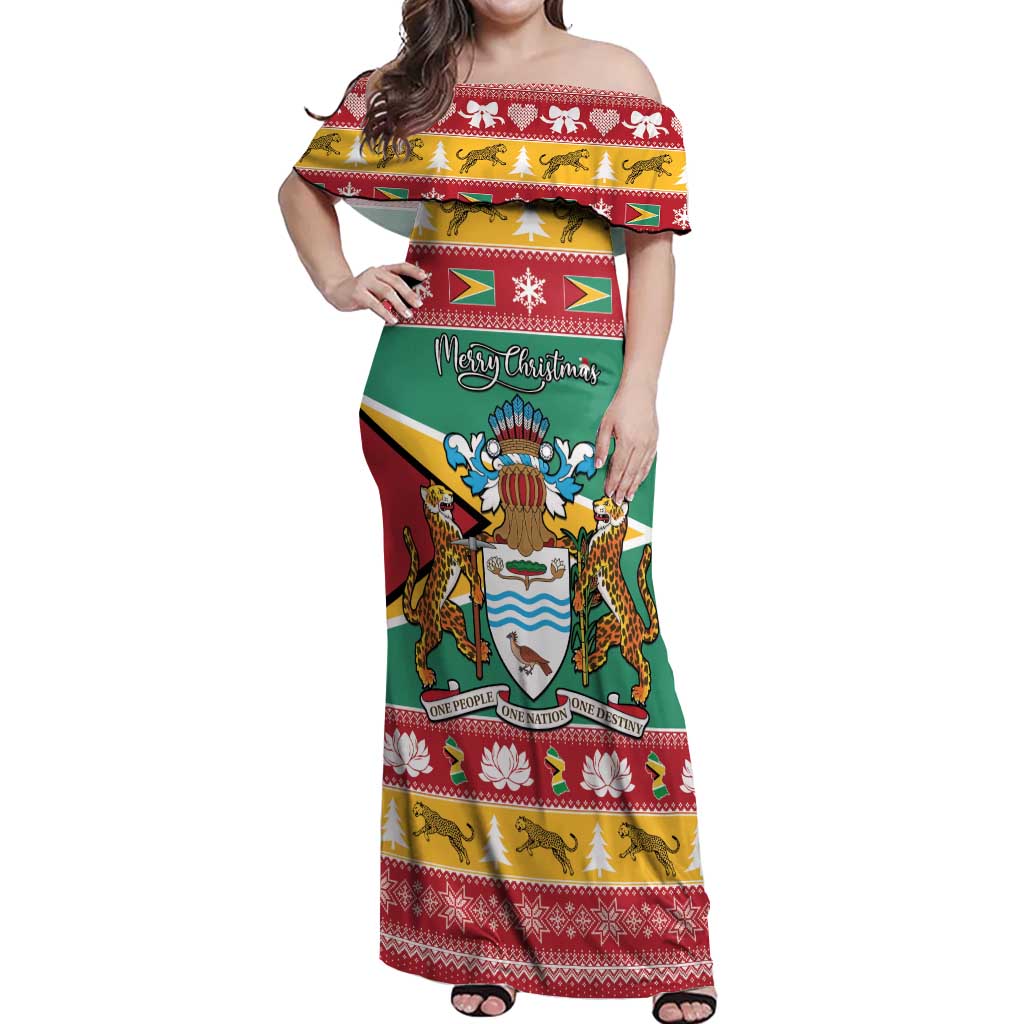 Guyana Christmas Off Shoulder Maxi Dress Coat Of Arms with Flag Style - Wonder Print Shop