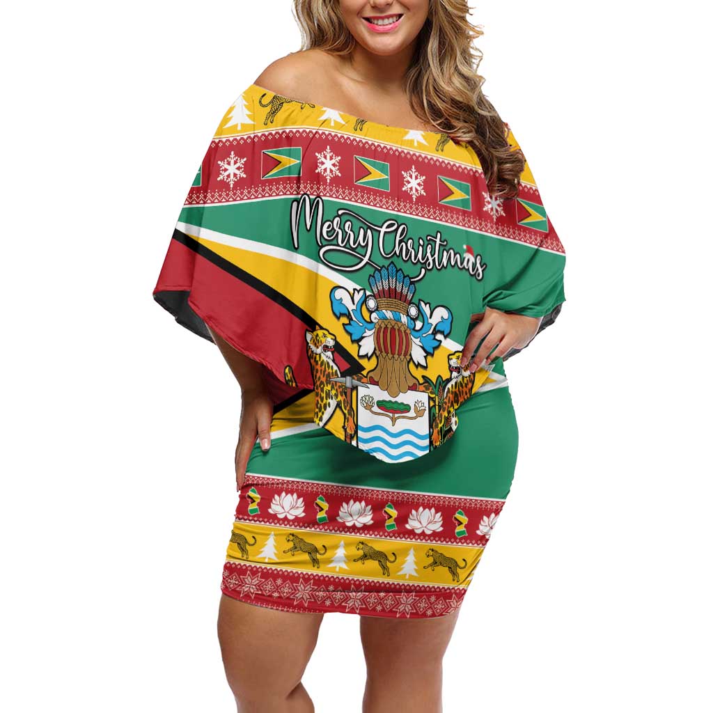 Guyana Christmas Off Shoulder Short Dress Coat Of Arms with Flag Style - Wonder Print Shop