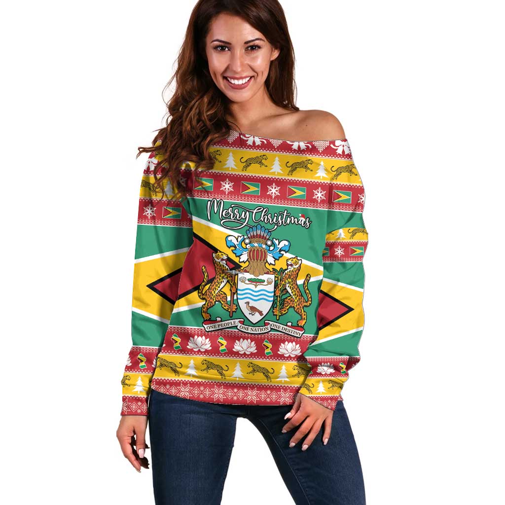 Guyana Christmas Off Shoulder Sweater Coat Of Arms with Flag Style - Wonder Print Shop