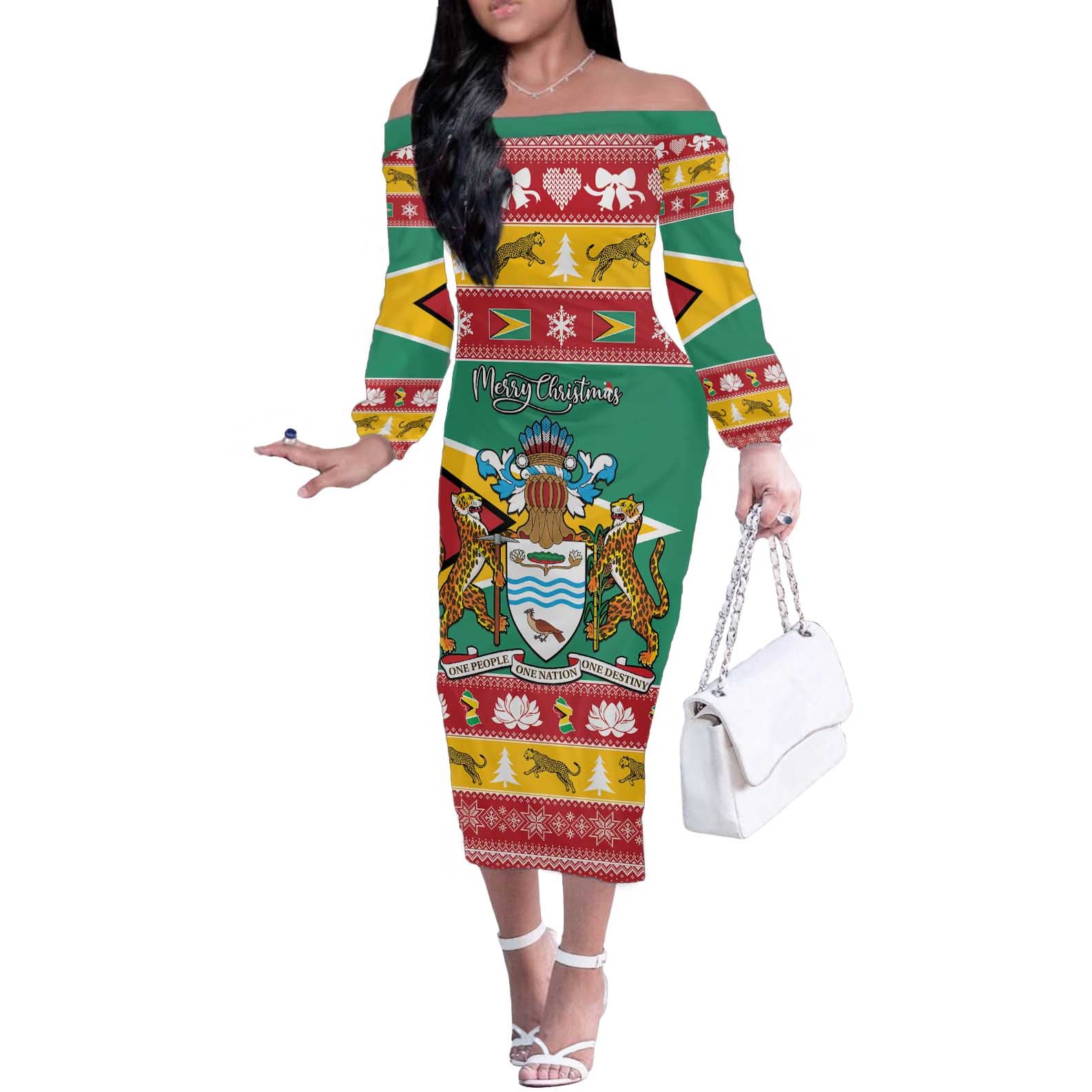 Guyana Christmas Off The Shoulder Long Sleeve Dress Coat Of Arms with Flag Style - Wonder Print Shop