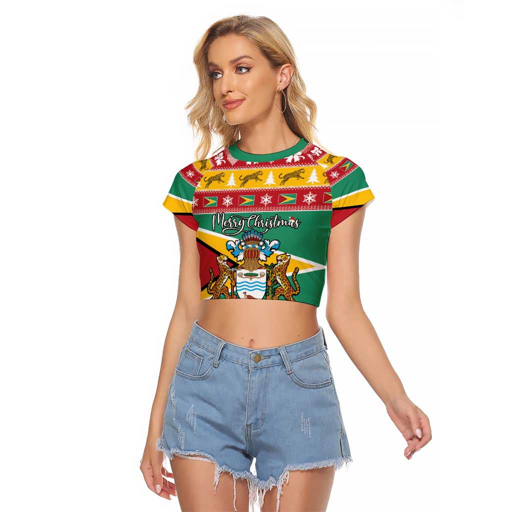 Guyana Christmas Raglan Cropped T Shirt Coat Of Arms with Flag Style - Wonder Print Shop