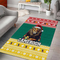 Green Christmas area rug featuring lion with Santa hat, “CAMEROON” lettering, stars