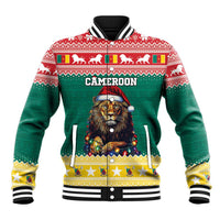 Green baseball jacket with red/white festive pattern and lion Santa graphic front