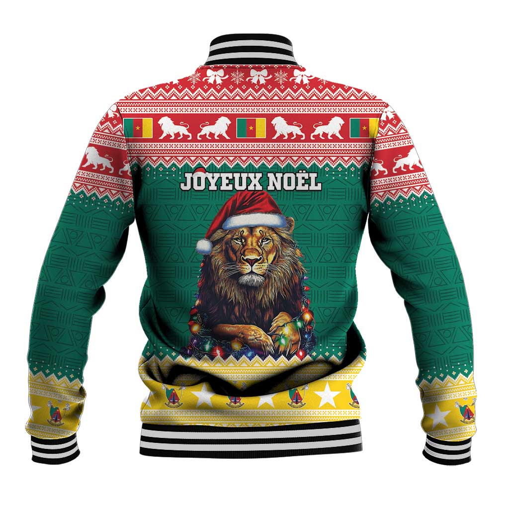 Green baseball jacket with JOYEUX NOEL text, striped ribbed collar, lion Santa back