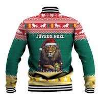 Green baseball jacket with JOYEUX NOEL text, striped ribbed collar, lion Santa back