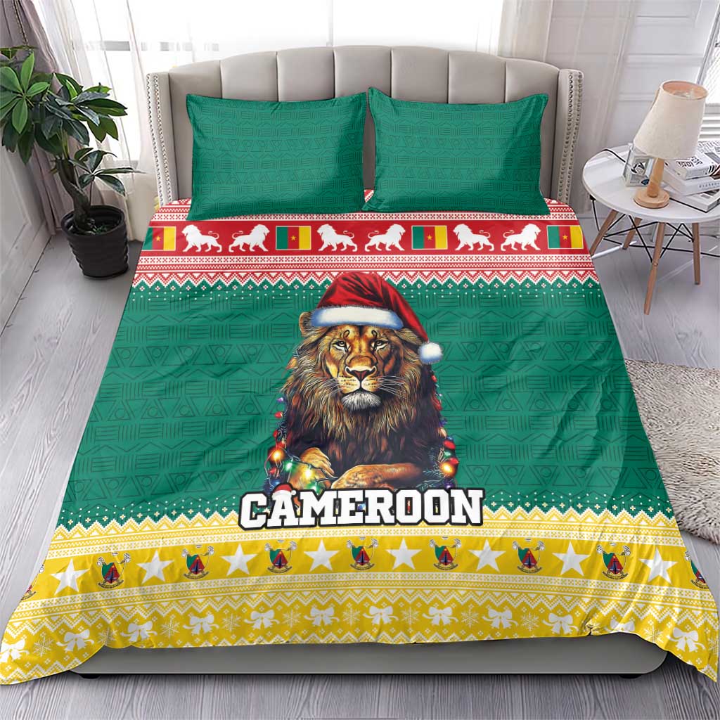 Green lion-Santa bedding with CAMEROON text and yellow patterned border, includes two pillowcases