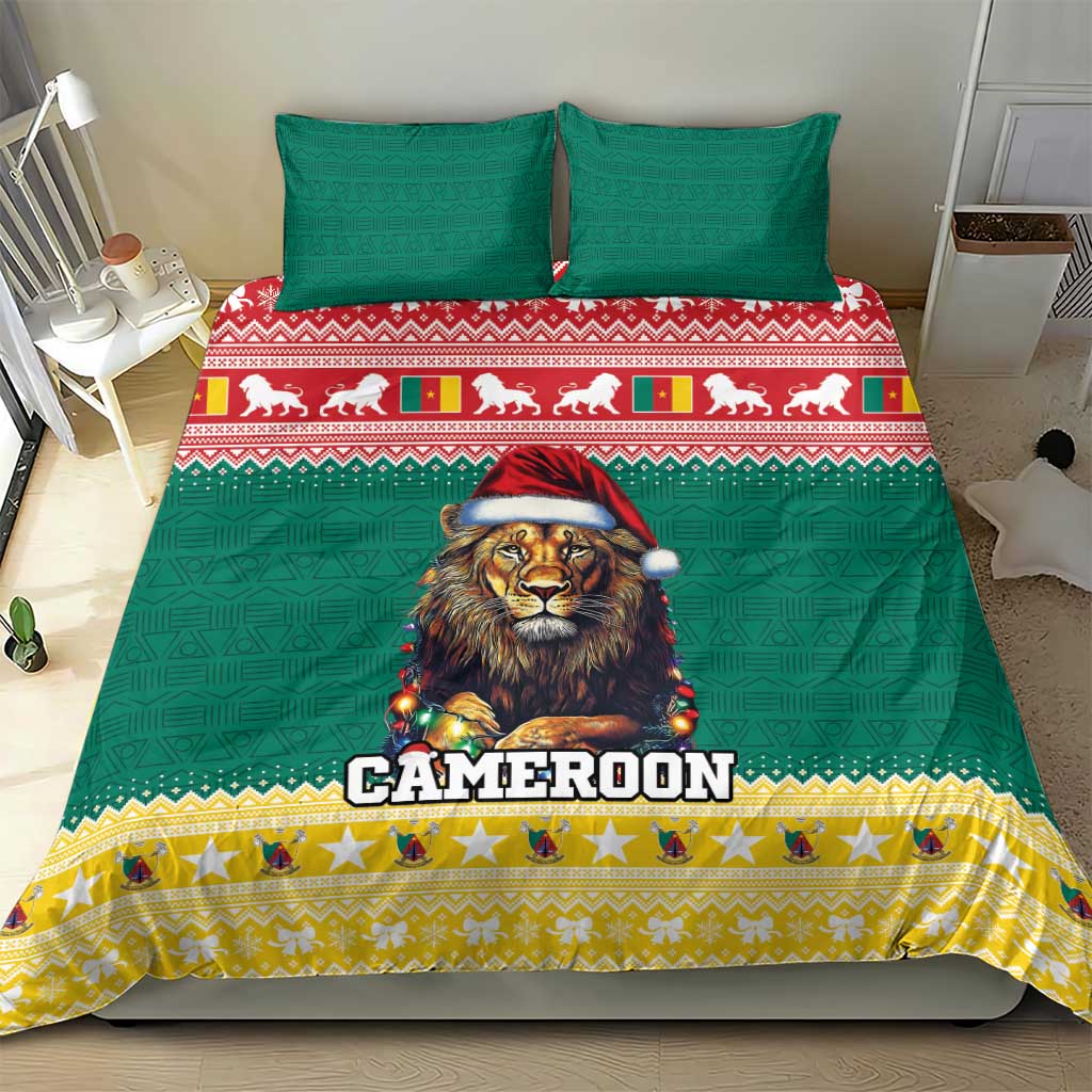Green lion-Santa bedding set featuring CAMEROON text and red/white holiday striping, two pillowcases