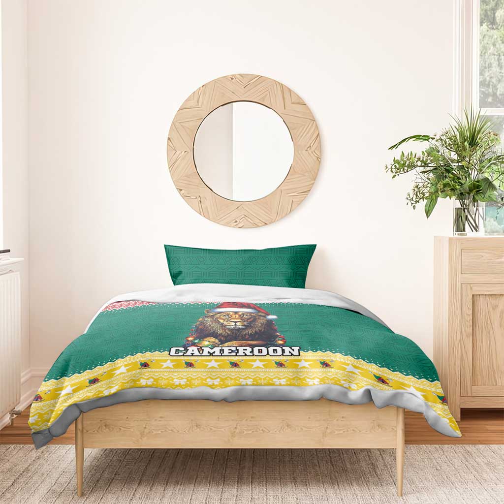 Green bedding set with lion-Santa design, CAMEROON lettering, and yellow patterned edge