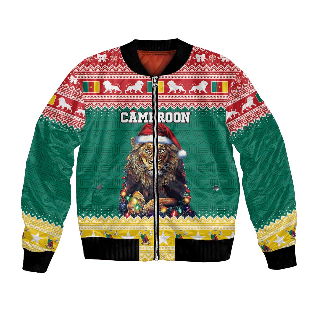 Green bomber jacket with lion-and-Santa graphic, front zip, bold CAMEROON text