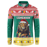 Green button sweatshirt with red knit yoke; lion in Santa hat and 'CAMEROON' print