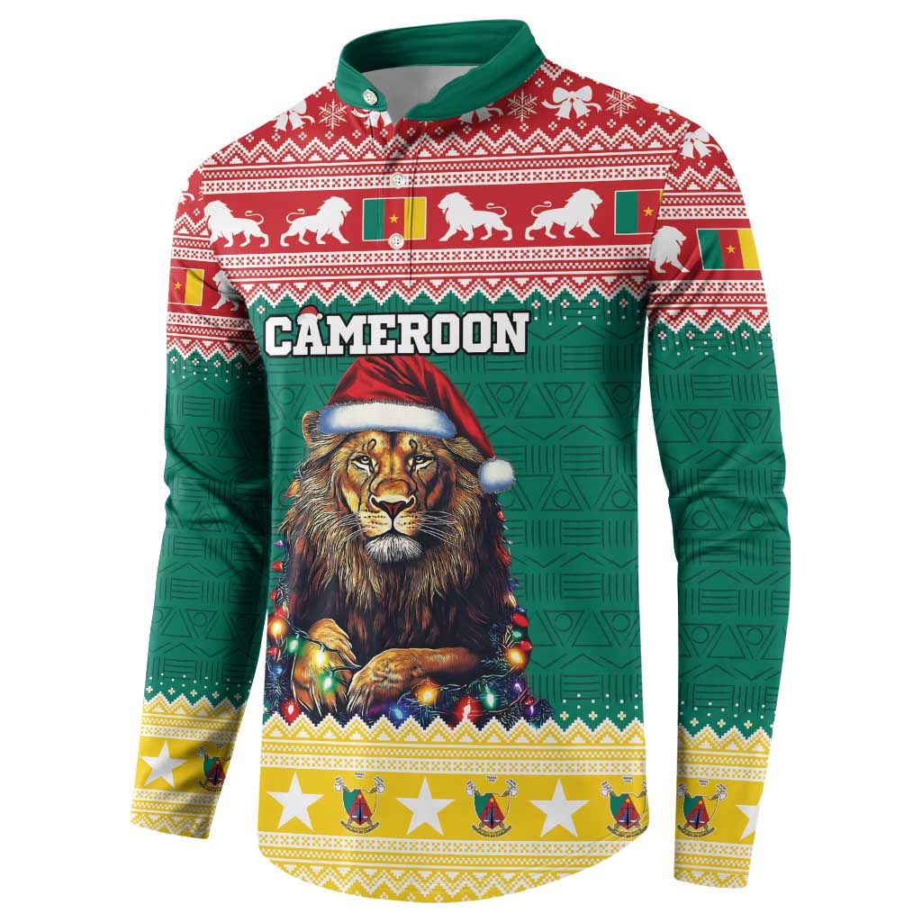 Green long-sleeve button sweatshirt with red pattern; lion graphic with 'CAMEROON' banner