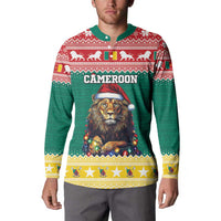 Green holiday button sweatshirt on model; red patterned yoke with lion and Santa-hat graphic