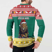 Green holiday button sweatshirt back view; 'JOYEUX NOEL' text with lion under lights