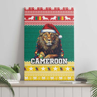 Cameroon lion Santa hat Christmas canvas wall art on shelf, green with holiday stripes