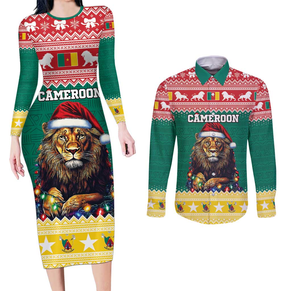 Cameroon Christmas Couples Matching Long Sleeve Bodycon Dress and Long Sleeve Button Shirt Lion Santa Joyeux Noel - Wonder Print Shop