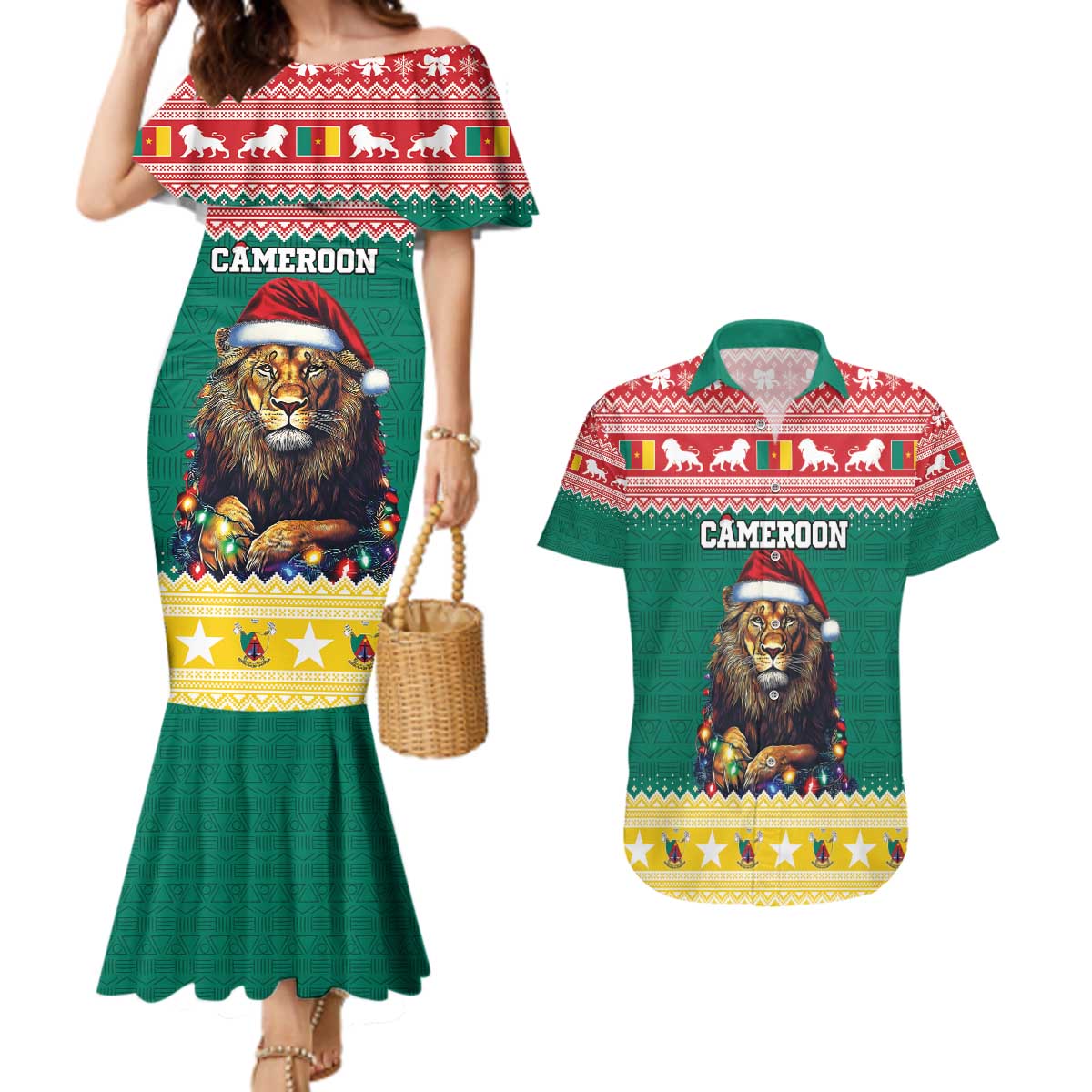 Cameroon Christmas Couples Matching Mermaid Dress and Hawaiian Shirt Lion Santa Joyeux Noel - Wonder Print Shop