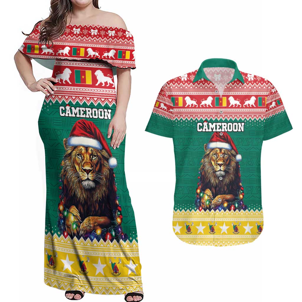 Cameroon Christmas Couples Matching Off Shoulder Maxi Dress and Hawaiian Shirt Lion Santa Joyeux Noel - Wonder Print Shop