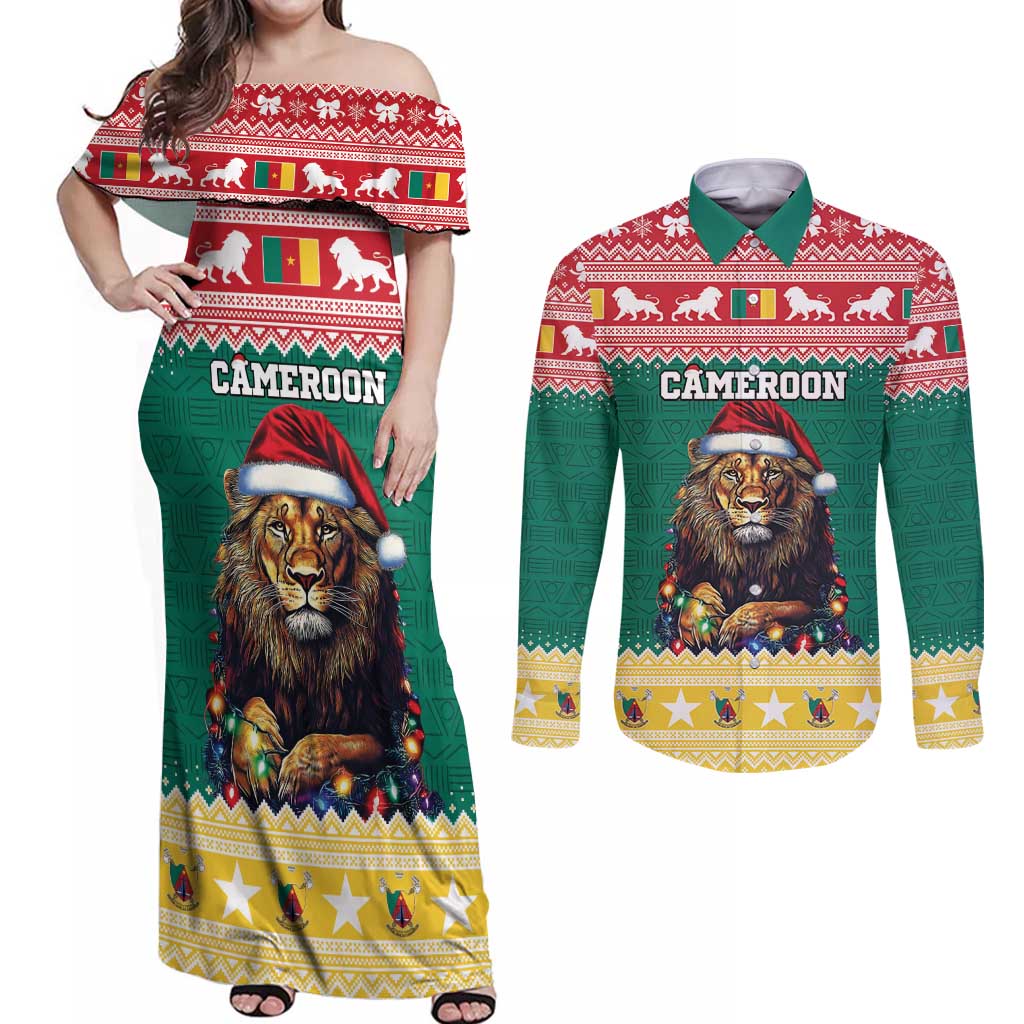 Cameroon Christmas Couples Matching Off Shoulder Maxi Dress and Long Sleeve Button Shirt Lion Santa Joyeux Noel - Wonder Print Shop