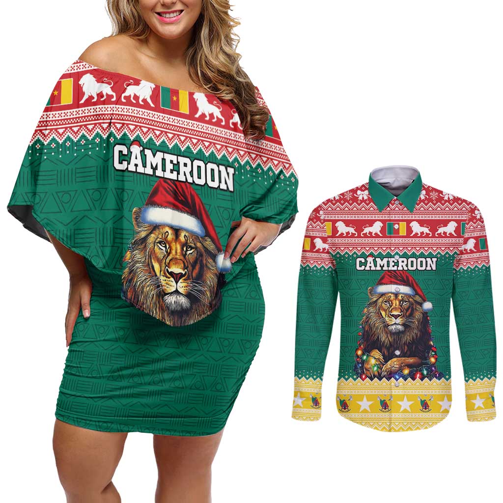 Cameroon Christmas Couples Matching Off Shoulder Short Dress and Long Sleeve Button Shirt Lion Santa Joyeux Noel - Wonder Print Shop