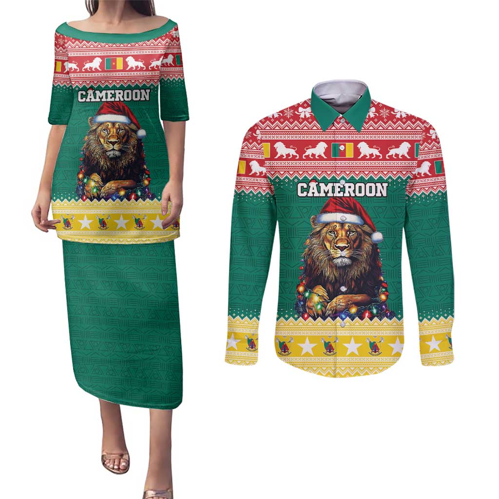 Cameroon Christmas Couples Matching Puletasi and Long Sleeve Button Shirt Lion Santa Joyeux Noel - Wonder Print Shop