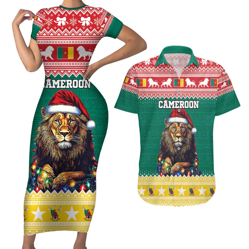 Cameroon Christmas Couples Matching Short Sleeve Bodycon Dress and Hawaiian Shirt Lion Santa Joyeux Noel - Wonder Print Shop