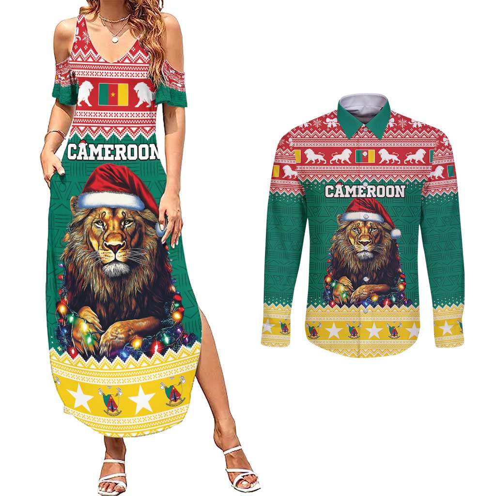 Cameroon Christmas Couples Matching Summer Maxi Dress and Long Sleeve Button Shirt Lion Santa Joyeux Noel - Wonder Print Shop